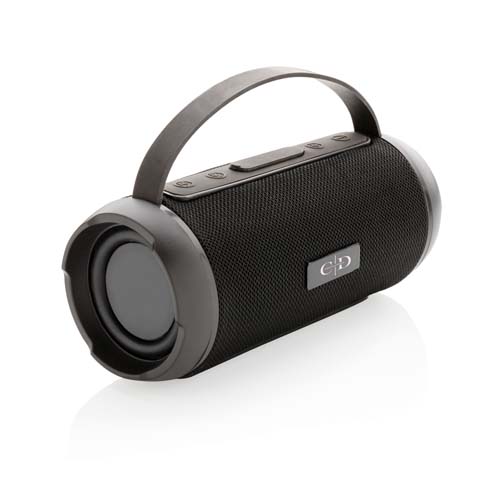 Altavoz Bluetooth portátil cilíndrico negro con asa y controles superiores.