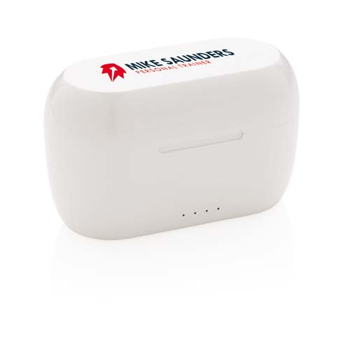 Estuche de carga de auriculares blanco con logotipo Mike Saunders Personal Trainer