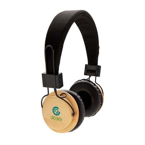 auriculares de diadema negra con copas de madera y logo Live Earth