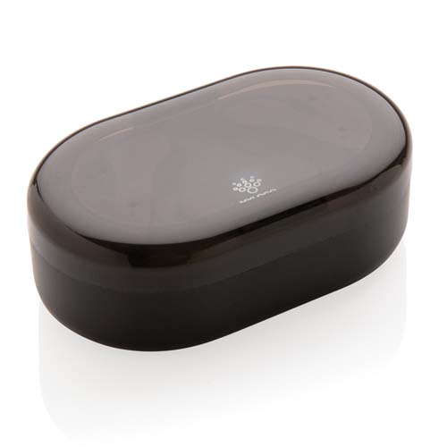 Estuche ovalado negro con tapa semitransparente sobre fondo blanco