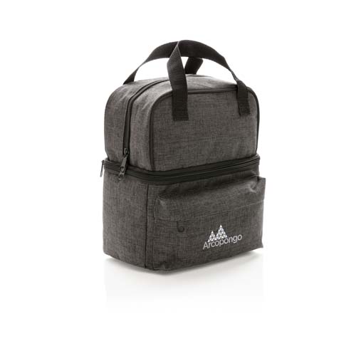 Bolsa isotérmica gris con dos compartimentos, asas superiores y logo Arcopongo