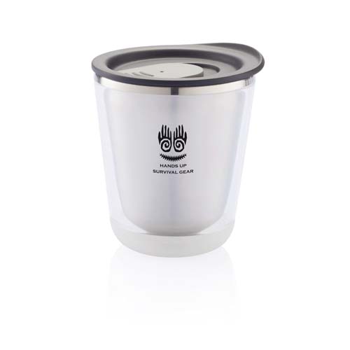 Vaso térmico blanco de acero inoxidable con tapa de silicona y logo de Hands Up Survival Gear
