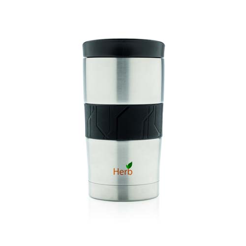 Vaso térmico de acero inoxidable con tapa y banda antideslizante negra con logotipo Herb