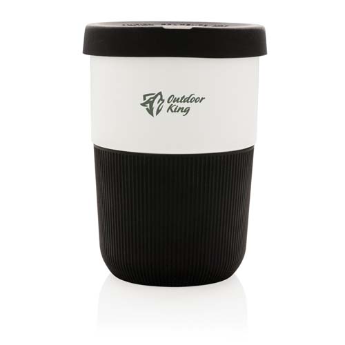 Vaso de viaje reutilizable blanco y negro con tapa y logotipo Outdoor King