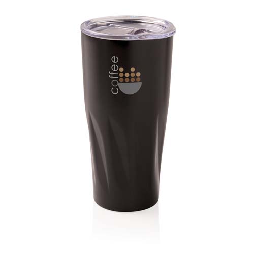 Vaso térmico negro con tapa transparente y logotipo de café