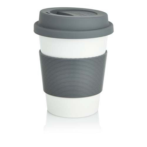 Vaso de café reutilizable blanco con tapa y funda de silicona gris
