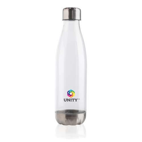 Botella de agua transparente con tapón y base metálicos y logo de Unity.
