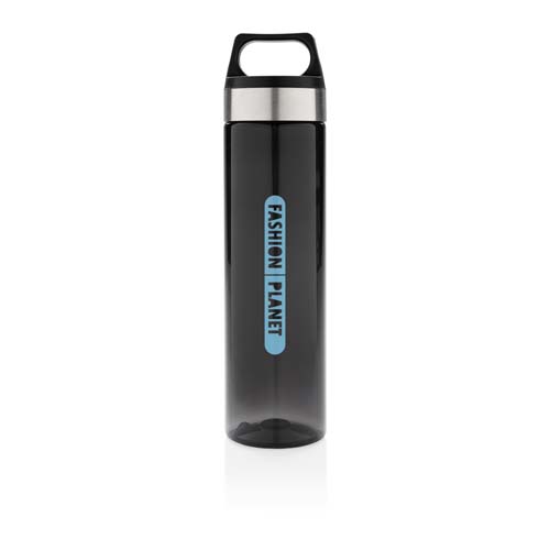Botella deportiva de plástico negro transparente con tapa de asa y logotipo Fashion Planet