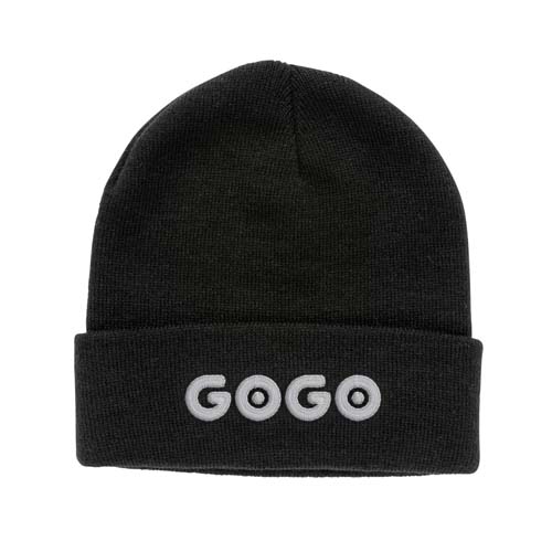 gorro de punto negro con el logo GOGO bordado en blanco