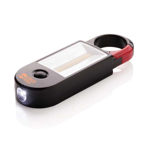 linterna LED portátil con gancho giratorio y panel de luz COB