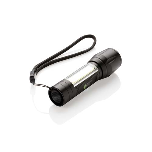 Linterna de mano LED negra con tira lateral de luz y correa de muñeca