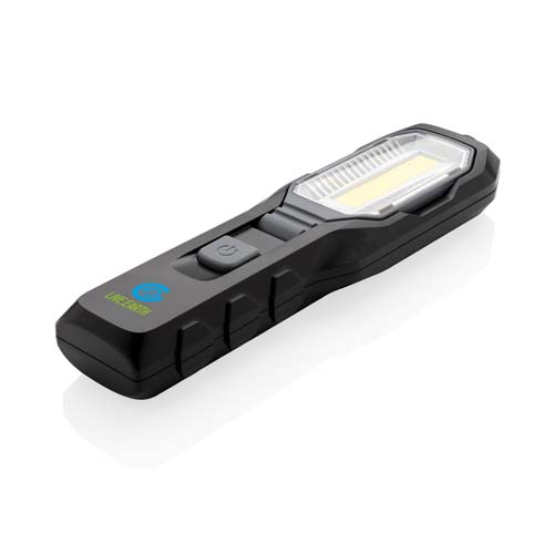 Luz de trabajo LED portátil negra con panel COB y botón de encendido