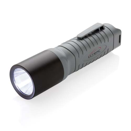 Linterna LED compacta de cuerpo estriado gris con clip de sujeción.