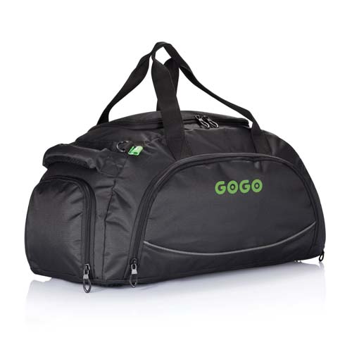 Bolsa de deporte negra con asas y bolsillos laterales con el logotipo GOGO