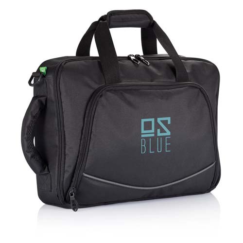 bolsa de mano negra con compartimento frontal y logotipo OS Blue