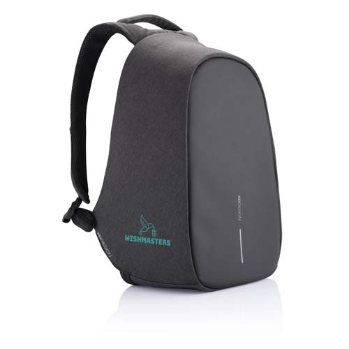 mochila antirrobo gris oscuro con logotipo Wishmasters y diseño ergonómico