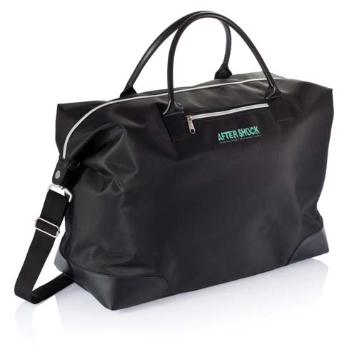 Bolsa de viaje negra con asas, bandolera ajustable y bolsillo frontal con logo After Shock