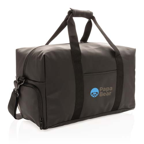 Bolsa de viaje deportiva negra con asas y logo Papa Bear en azul y gris.