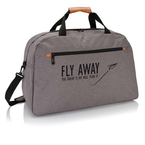 Bolsa de viaje gris con asas y bolsillo frontal con el texto Fly Away
