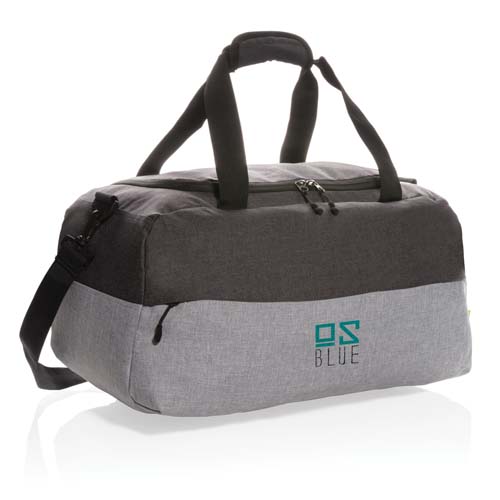 Bolsa de deporte gris y negra con asas dobles, correa ajustable y logo OS Blue