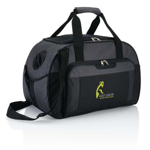 Bolsa de deporte gris y negra con el logo Get Loud en el frontal.
