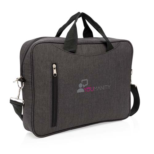 bolsa de transporte gris con asas y correa ajustable, bolsillo frontal y logotipo Youmanity