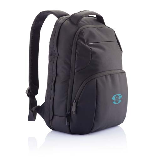 mochila negra con varios compartimentos y logo azul sobre fondo blanco