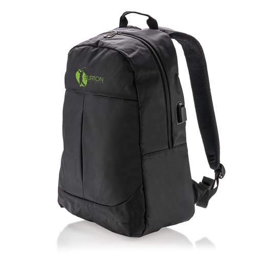 mochila urbana negra con logo verde de Burton y puerto USB lateral