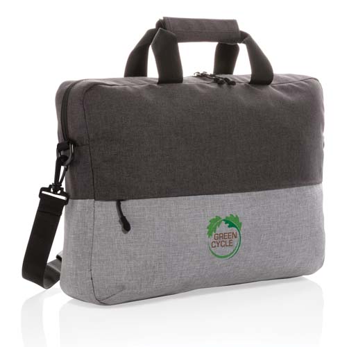 Bolsa de mensajero gris bicolor con logo Green Cycle y asas acolchadas.