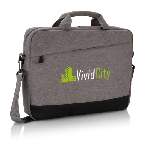 Bolsa de portátil gris con asas, bandolera y logo VividCity.