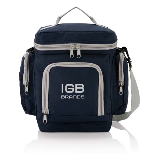 Bolsa nevera azul marino con varios compartimentos con cremalleras y el logo IGB Brands.