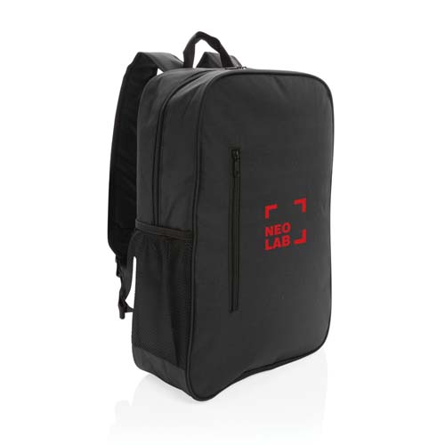 Mochila negra rectangular con logo rojo NEO LAB, bolsillo frontal y tirantes acolchados