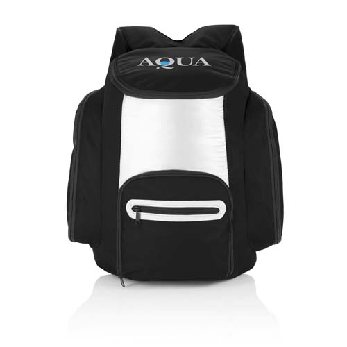 mochila negra con panel frontal blanco, varios bolsillos y logo AQUA