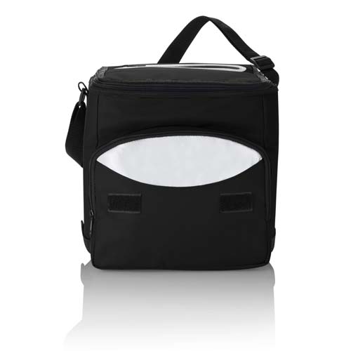 Bolsa isotérmica negra con panel frontal blanco y asa para transporte de alimentos.