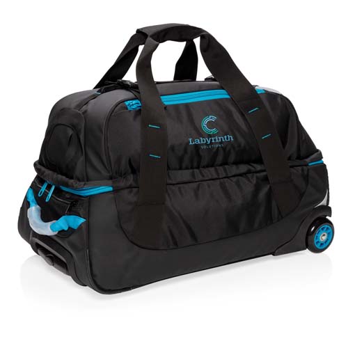 bolsa de viaje tipo trolley negra con ruedas y detalles turquesa de Labyrinth Solutions