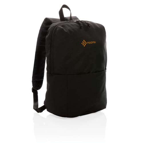 Mochila urbana negra con logotipo amarillo Magma sobre fondo blanco