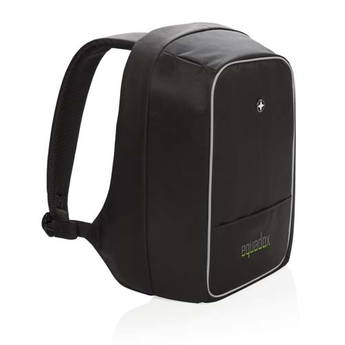 mochila antirrobo negra de diseño minimalista con bolsillo frontal discreto