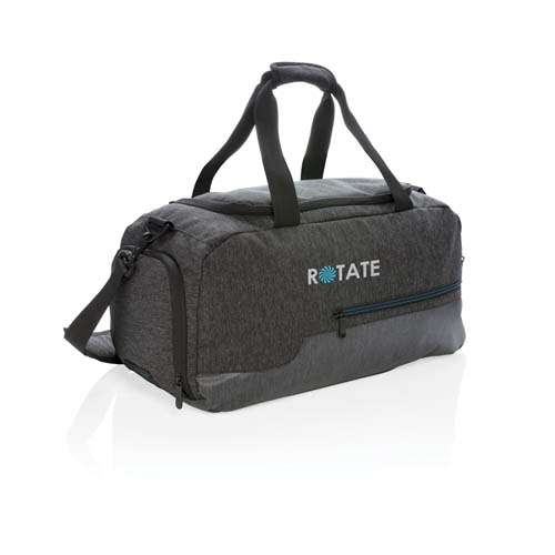 Bolsa de viaje tipo sport gris con asas y bolsillo delantero con cremallera y logo Rotate