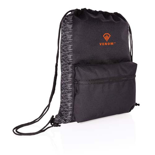 Mochila saco negra con cordones, bolsillo frontal con cremallera y logo Venom naranja