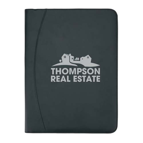 Carpeta negra de piel sintética con cremallera y logotipo de Thompson Real Estate