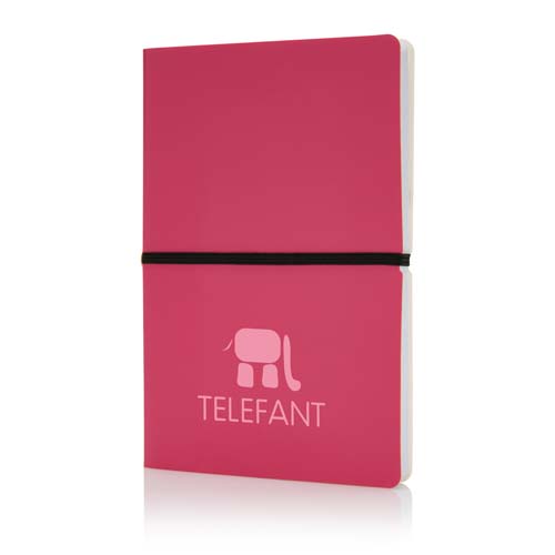 Libreta rosa cerrada con banda elástica negra y logotipo de Telefant en la portada