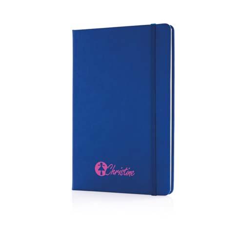 Cuaderno azul con cierre elástico y logotipo rosa Christine sobre fondo blanco.