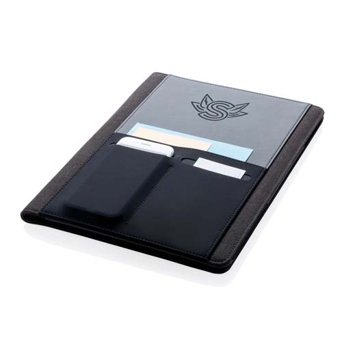 Funda negra y gris con bolsillos delanteros para móvil, tarjetas y documentos