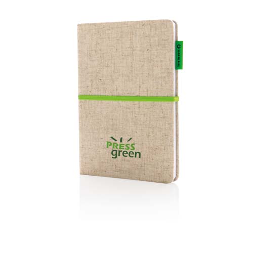 Cuaderno de tapa de tela beige con el logo Press Green y banda elástica verde.
