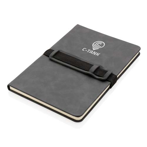 Cuaderno gris con logo C-TANK y banda elástica portabolígrafos