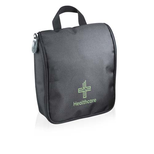 Bolsa negra de primeros auxilios con cremallera y logo verde de Healthcare