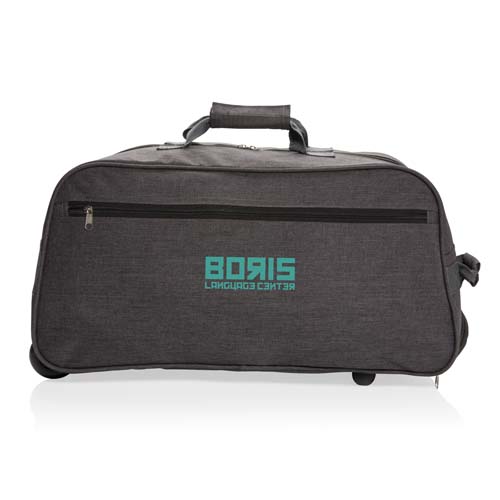 Bolsa de viaje negra con cremallera y logo BORIS Language Center en el frente