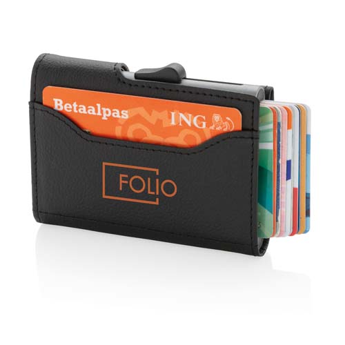 Tarjetero Folio de piel negra con sistema deslizante y varias tarjetas, incluyendo una Betaalpas de ING